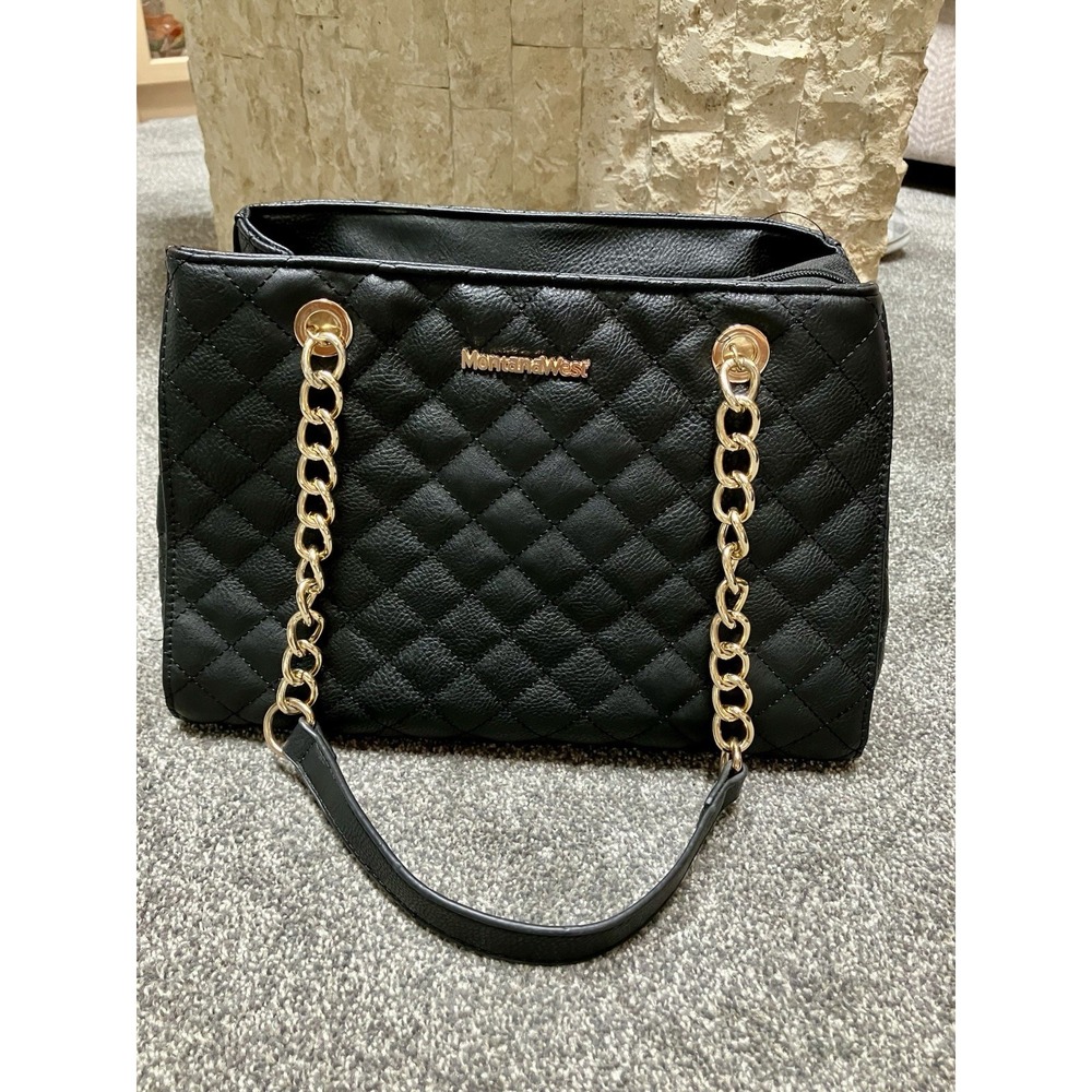 Montana‎ West MEDIUM Tote Bag Women's Quilted Gold Chain Handbag Black Purse